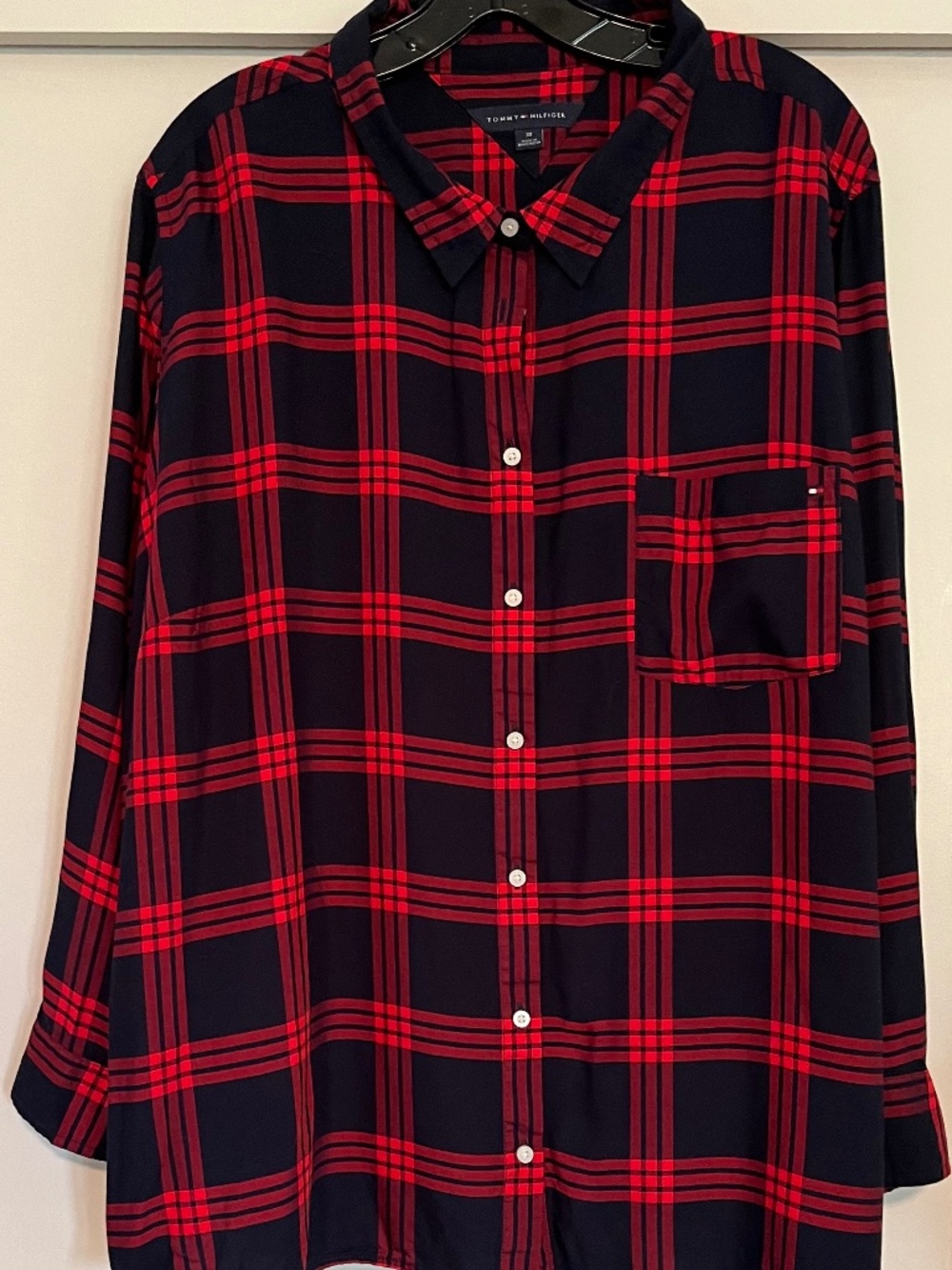 Tommy Hilfiger Women’s 3X Plaid Tunic Top Red Navy Roll Tab Sleeve